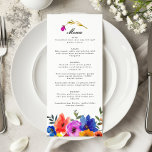 Menú Fiesta Boda floral colorida española mexicana<br><div class="desc">Añada un toque de vibrante cultura a su boda con nuestro menú boda floral de inspiración española. Este menú de bonita decoración está adornado con motivos florales en un remanso de colores audaces (rojos ricos, amarillos soleados, azules brillantes y verdes exuberantes) que reflejan la esencia de una fiesta mexicana animada....</div>