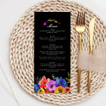Menú Fiesta Boda floral colorida española mexicana<br><div class="desc">Añada un toque de vibrante cultura a su boda con nuestro menú boda floral de inspiración española. Este menú de bonita decoración está adornado con motivos florales en un remanso de colores audaces (rojos ricos, amarillos soleados, azules brillantes y verdes exuberantes) que reflejan la esencia de una fiesta mexicana animada....</div>