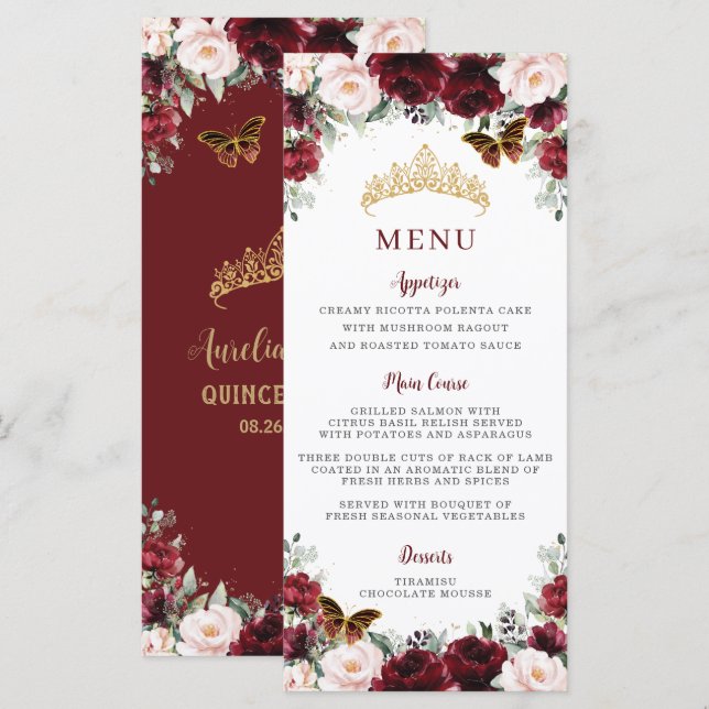 Menú Fiesta Burgundy Rubor Floral Gold QUINCEAÑERA (Anverso / Reverso)