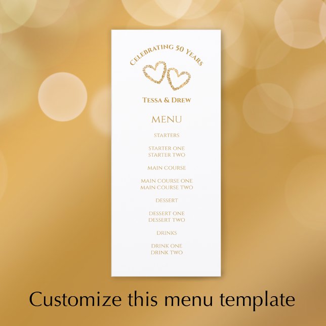 Menú Fiesta de aniversario de bodas de oro personalizad (Custom menu template, modern elegant golden hearts design 50th wedding anniversary party menu.
)