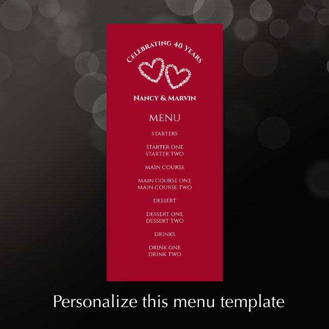 Menú Fiesta de aniversario de bodas de rubí 40 personal (Personalize this elegant red 40th wedding anniversary menu. Custom modern script and unique hearts.
)