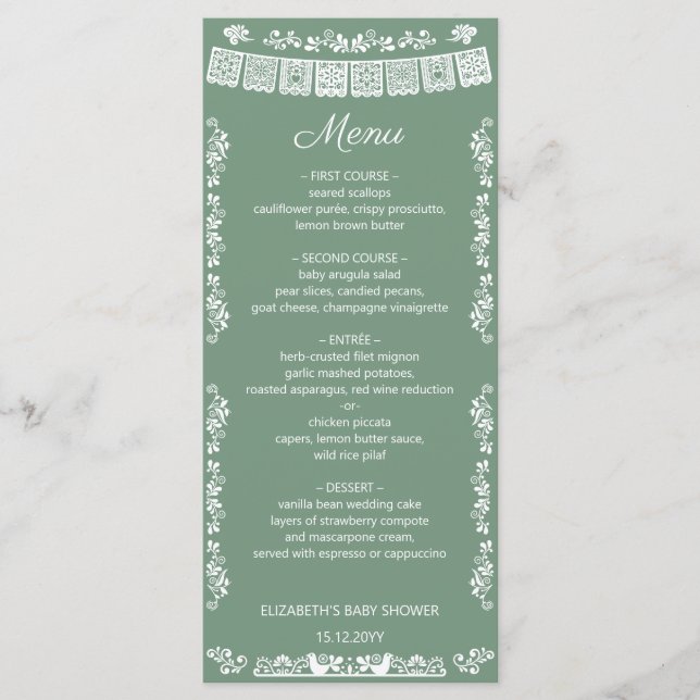 Menú Fiesta de Bebé Cielito Lindo Verde Salvia Papel Pi (Anverso)