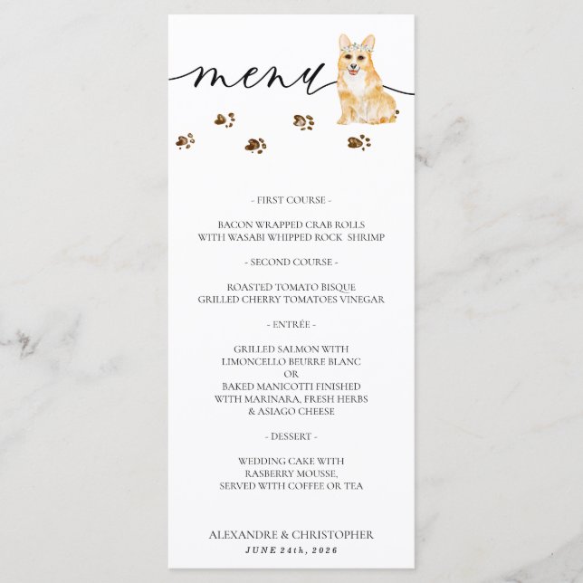 Menú Fiesta de Boda de Perro Cachorro Corgi (Anverso)