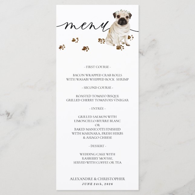 Menú Fiesta de Boda de Perro Cachorro Pug (Anverso)
