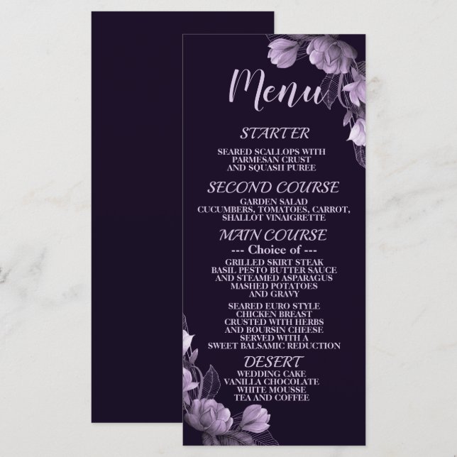 Menú Fiesta de bodas Violeta Floral Morada Elegante Rús (Anverso / Reverso)