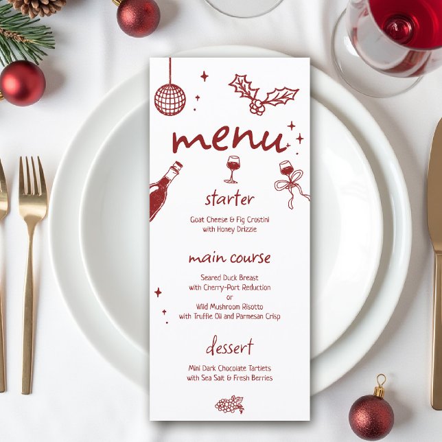 Menú Fiesta de Cata de Vinos Navideña Dibujada a Mano (wine tasting holiday party drinks hand drawn menu winery charcuterie friendsmas blind christmas )