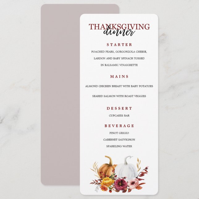 Menú Fiesta de cena elegante del Día de Acción de  (Anverso / Reverso)