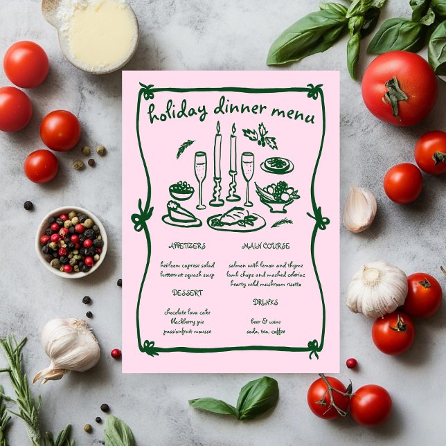 Menú Fiesta de cena navideña femenina y caprichosa (Whimsical Girly Christmas Holiday Dinner Party Menu Pink Green
)