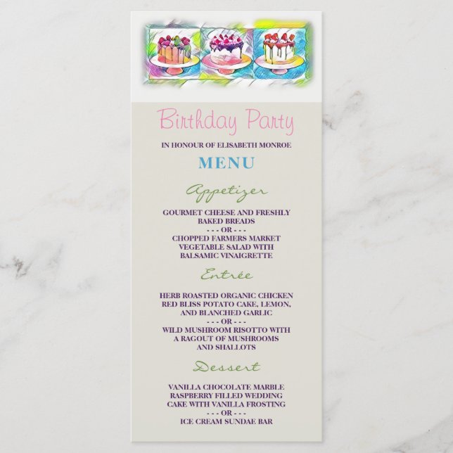 Menú Fiesta de cumpleaños de arte de pasteles (Anverso)