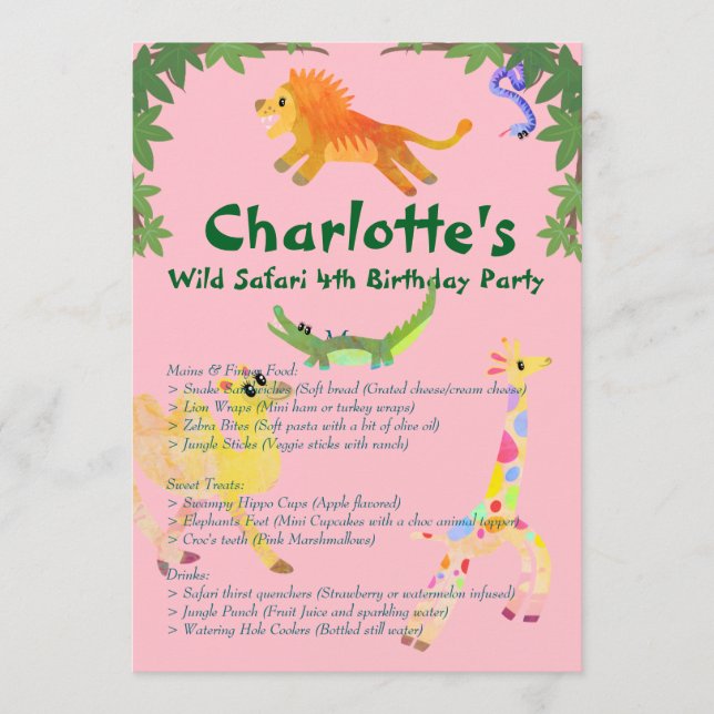 Menú Fiesta de cumpleaños de Wild Safari (Anverso)
