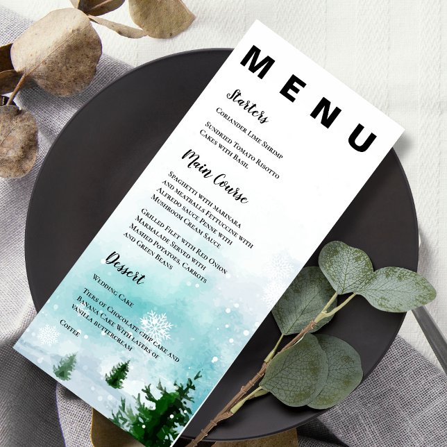 Menú Fiesta de la Boda de Invierno de Snowflakes Snowy  (Frosty Snowy Snowflakes Winter Wedding Party Menu)
