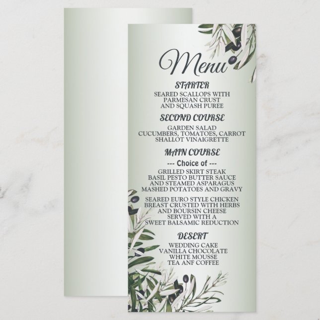 Menú Fiesta de la boda Verde deja oliva negra elegante (Anverso / Reverso)