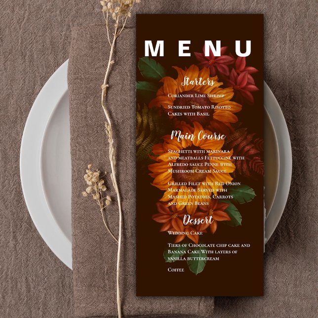 Menú Fiesta de matrimonio floral de Naranja quemado por (Pretty Rustic Burnt Orange Floral Wedding Party Menu)