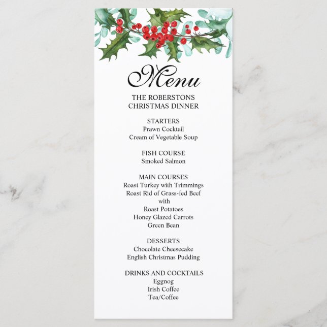 Menú Fiesta de Navidad con Acuarela de Acebo y Bayas (Anverso)