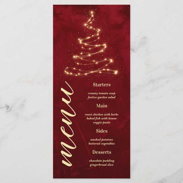 Menú Fiesta de Navidad Terciopelo Rojo con Árbol Tarjet (Anverso)