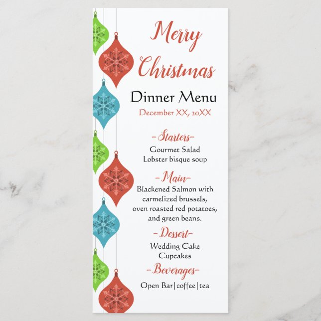 Menú Fiesta de ornamentos de copos de nieve (Anverso)