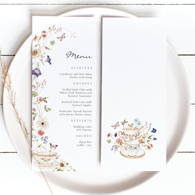 Menú Fiesta de té floral (Wildflower Watercolor Floral with Butterflies Tea Party Menu by Painted Paperie
)