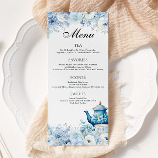 Menú Fiesta del té con flores azules y turbias