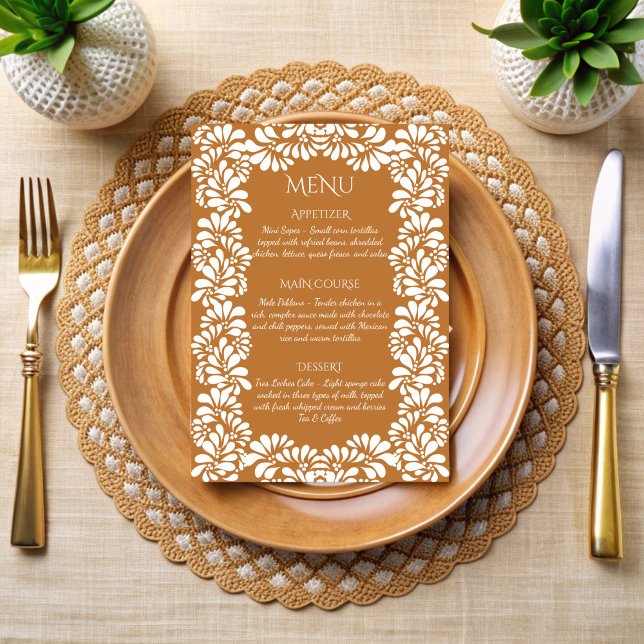 Menú Fiesta mexicana talavera terracotta (Mexican fiesta vintage talavera terracotta menu cards papel picado personalized menu cards )