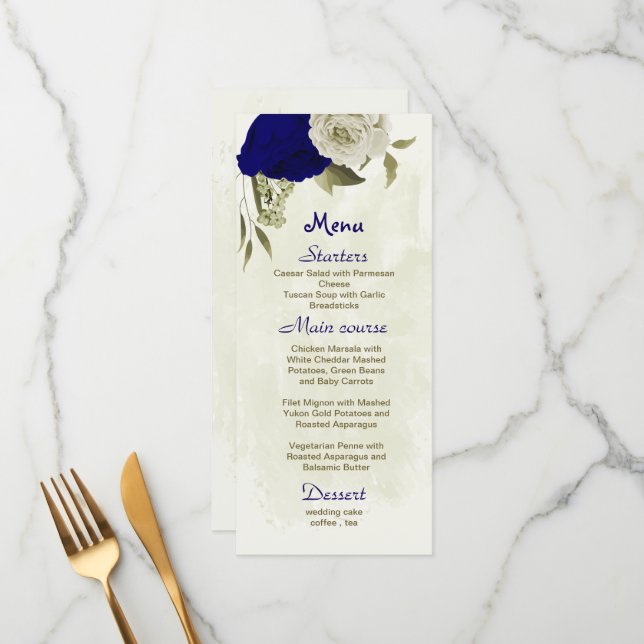 Menú flor azul real y beige boda botánico (Anverso/Reverso In Situ)