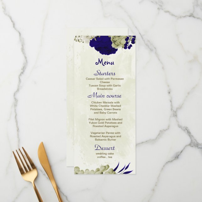 Menú flor azul real y beige boda botánico (Anverso/Reverso In Situ)