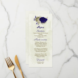 Menú flor azul real y beige boda botánico