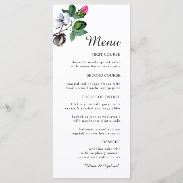 Menú Flor de algodón blanco. Hermoso Boda botánico (Anverso)