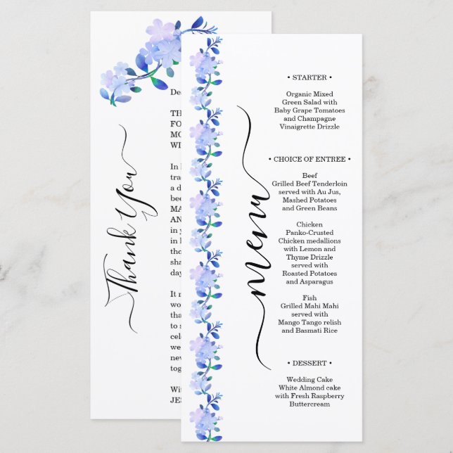 Menú flor de estilo acuarela azul polvoriento rústico & (Anverso / Reverso)