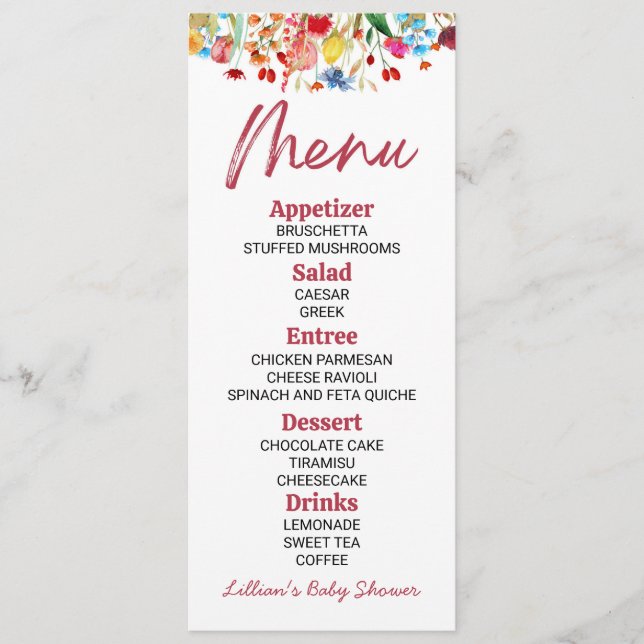 Menú Flor silvestre Alimento Baby Shower (Anverso)