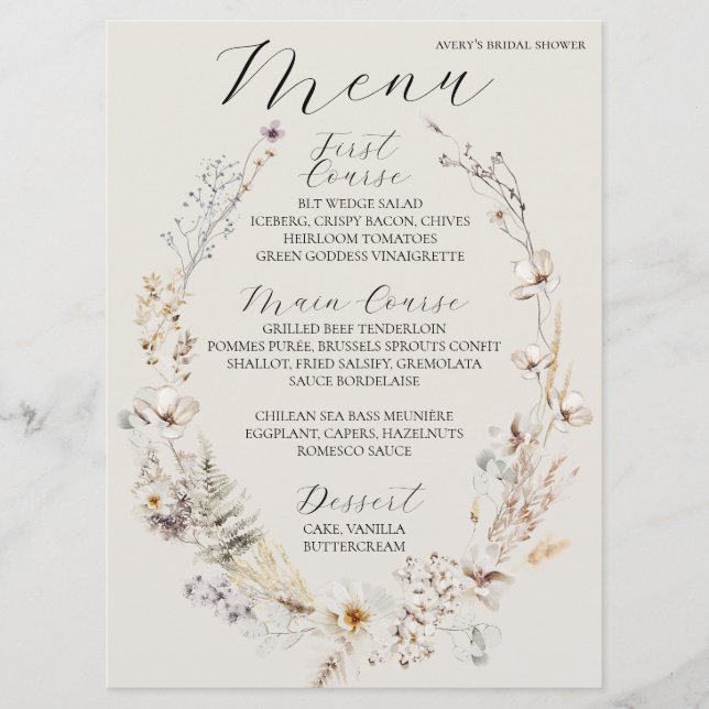 Menú Flor silvestre Boho Rustic Elegtic Bridal Shower (Anverso)