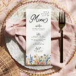 Menú Flor silvestre de tres cursos Boda floral<br><div class="desc">Carta de boda de flores silvestres de campo con encabezamientos caligráficos elegantes y un borde de flores silvestres en tonos rosas, amarillos, azules y blancos. Flores rústicas, un elegante estilo y una paleta de colores multiestacionales se combinan, lo que le confiere un encanto sin esfuerzo. El tapiz de los colores...</div>