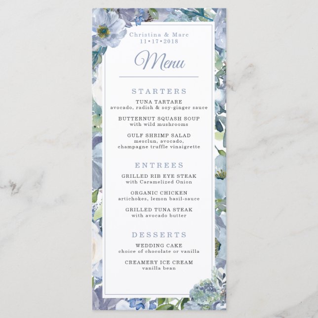 Menú floral azul polvoriento de la boda (Anverso)