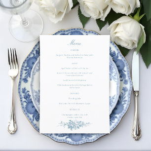 Menú Floral azul y blanco clásico elegante