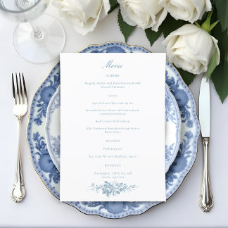 Menú Floral azul y blanco clásico elegante