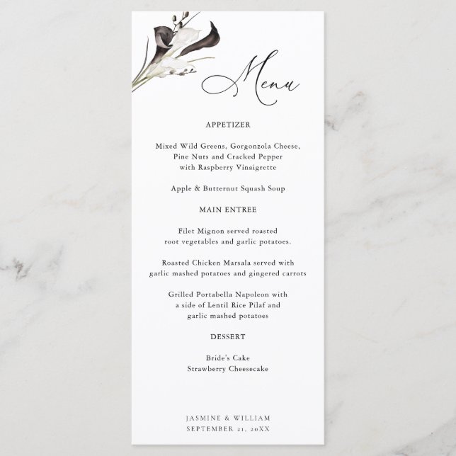 Menú Floral Blanco y Negro (Anverso)