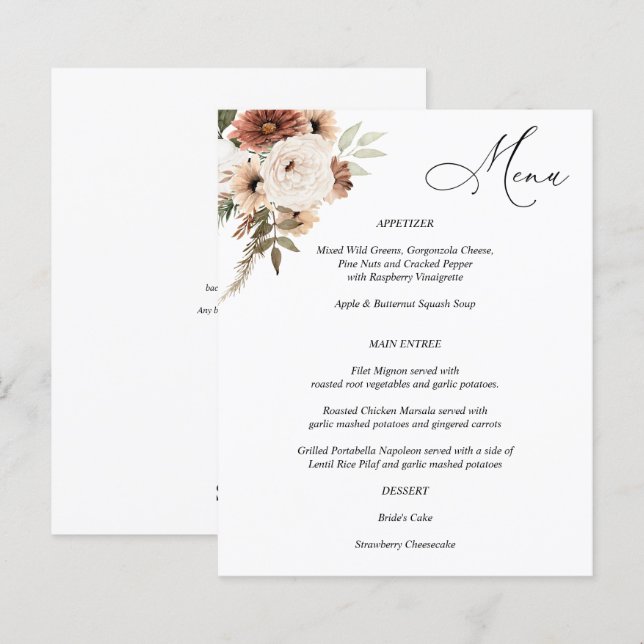 Menú Floral de Boho Neutral Rústico Presupuestario (Anverso / Reverso)