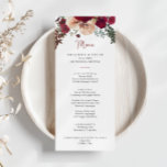 Menú Floral de cena en Rubor rosa de Borgoña<br><div class="desc">La carta de la cena es de color rosa burdeos y florida, ideal para un boda rústico. El diseño está decorado con flores borgoñas, de color rosa y con hojas verdes, que inspiran la belleza artística. Este menú se puede utilizar para la recepción de bodas, la cena de ensayo, la...</div>