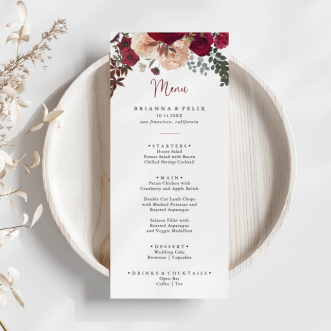 Menú Floral de cena en Rubor rosa de Borgoña (Subido por el creador)