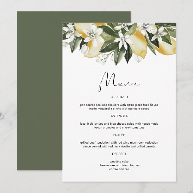 Menú floral de fruta cítrica de limón acuarela DAH (Anverso / Reverso)