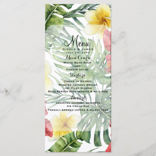 Menú Floral de hojas y flores tropicales botánicas (Anverso)