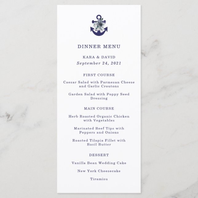 Menú floral de la boda del ancla de la marina de (Anverso)