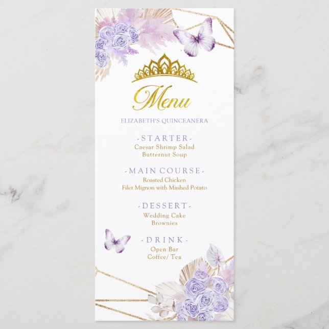 Menú Floral de mariposa púrpura de Boho Princesa Quince (Anverso)