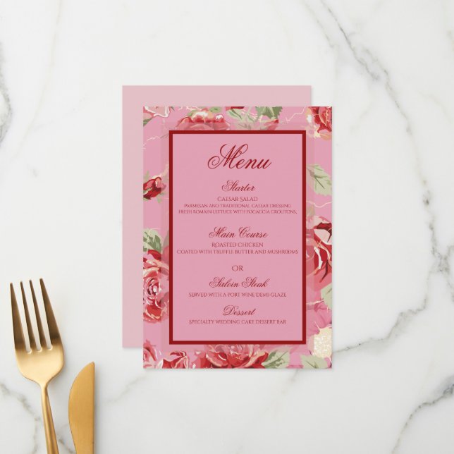 Menú floral de peones rosados con flores (Anverso/Reverso In Situ)