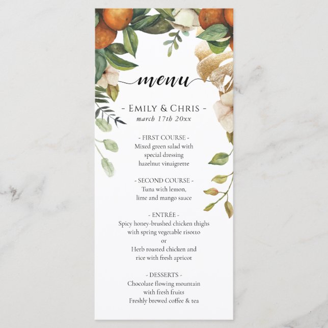 Menú Floral dorada | Elegante vegetación eucalipto (Anverso)