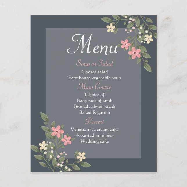 Menú Floral Fiesta de Bodas Gris y Rosa (Anverso)