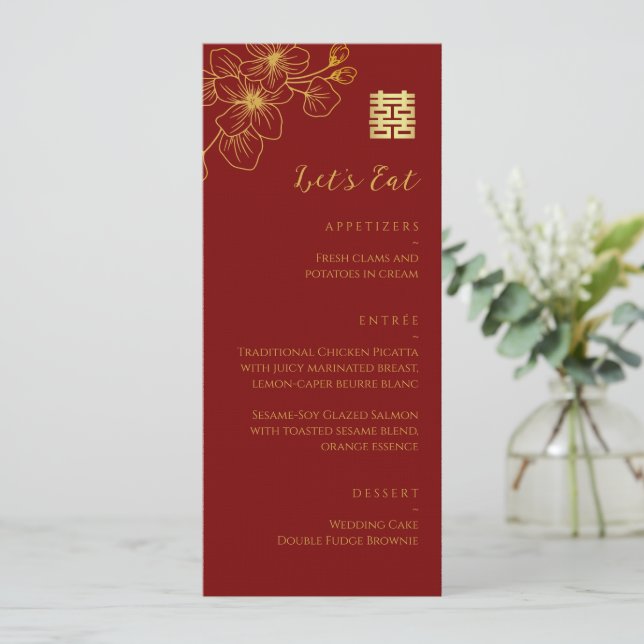 Menú Floral flor de cerezo boda chino rojo (Anverso de pie)