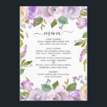 Menú Floral Floral Elegante Boda de acuarela Lilac<br><div class="desc">Carta boda con flores moradas y flores pintadas en tonos violeta pastel,  lavanda,  lila y marfil. El encabezado "menu" está en un guión elegante con cambios. Estos menús bodas son perfectos para los bodas de primavera o verano.</div>