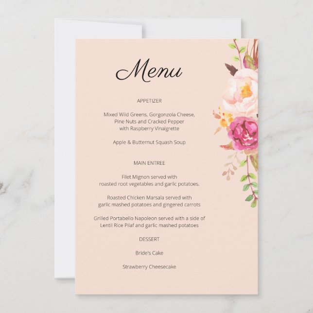 Menú floral florecido de rubor rosa - Invitación r (Anverso)