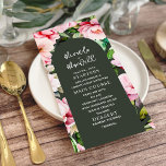 Menú Floral Magnolia Peony Boda Verde Oscuro<br><div class="desc">Magnolia color de agua rosa peonía diseño floral con arco verde oscuro y texto blanco.</div>