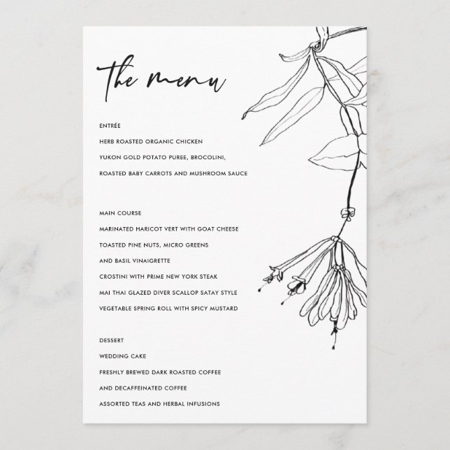 MENÚ FLORAL MODERNO DE LÍNEA BLANCA Y NEGRO (Anverso)
